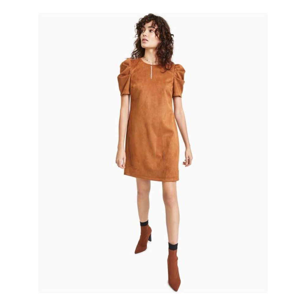 BAR III DRESSES Womens Brown Pouf Sleeve Above The Knee Party Shift Dress L
